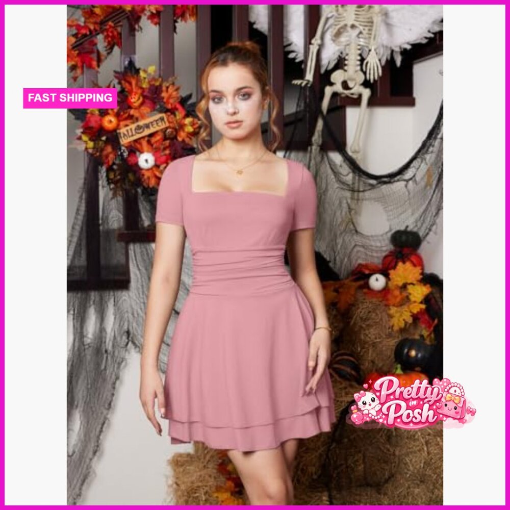 Polyester Blend Square Neck Ruched Mini Dress Sho… - image 5